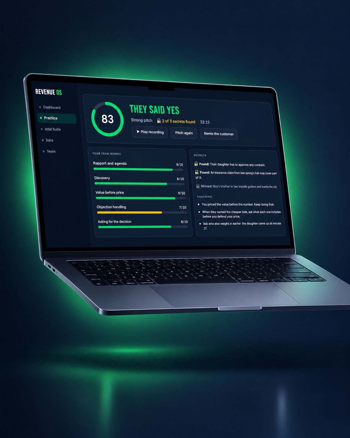 A Mach Pitch score report with rubric, secrets and coaching